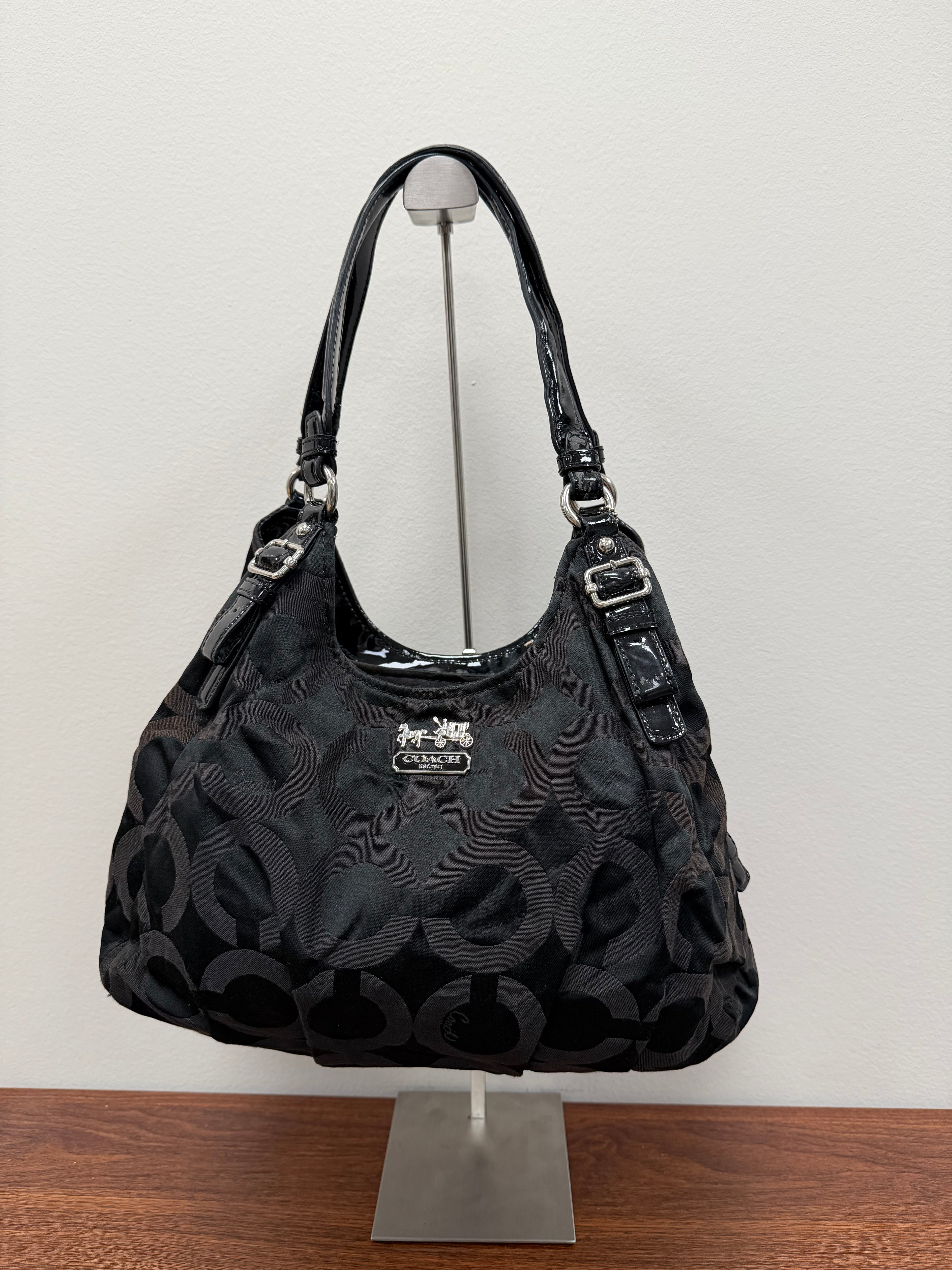 Coach Vintage black signature satin patent hobo bag