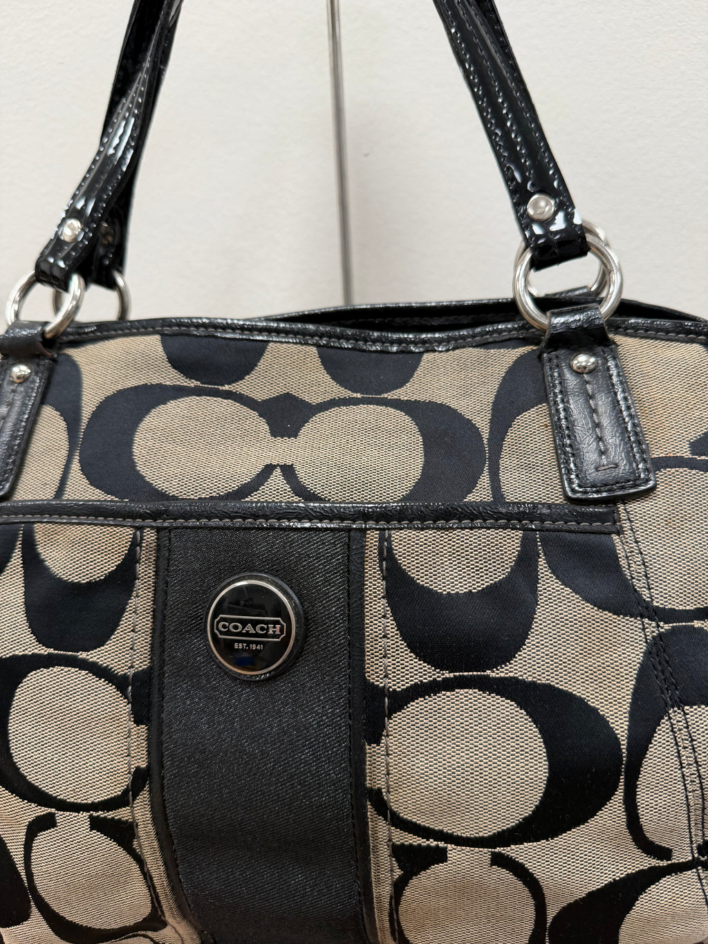 Coach Vintage signature black patent trim Satchel