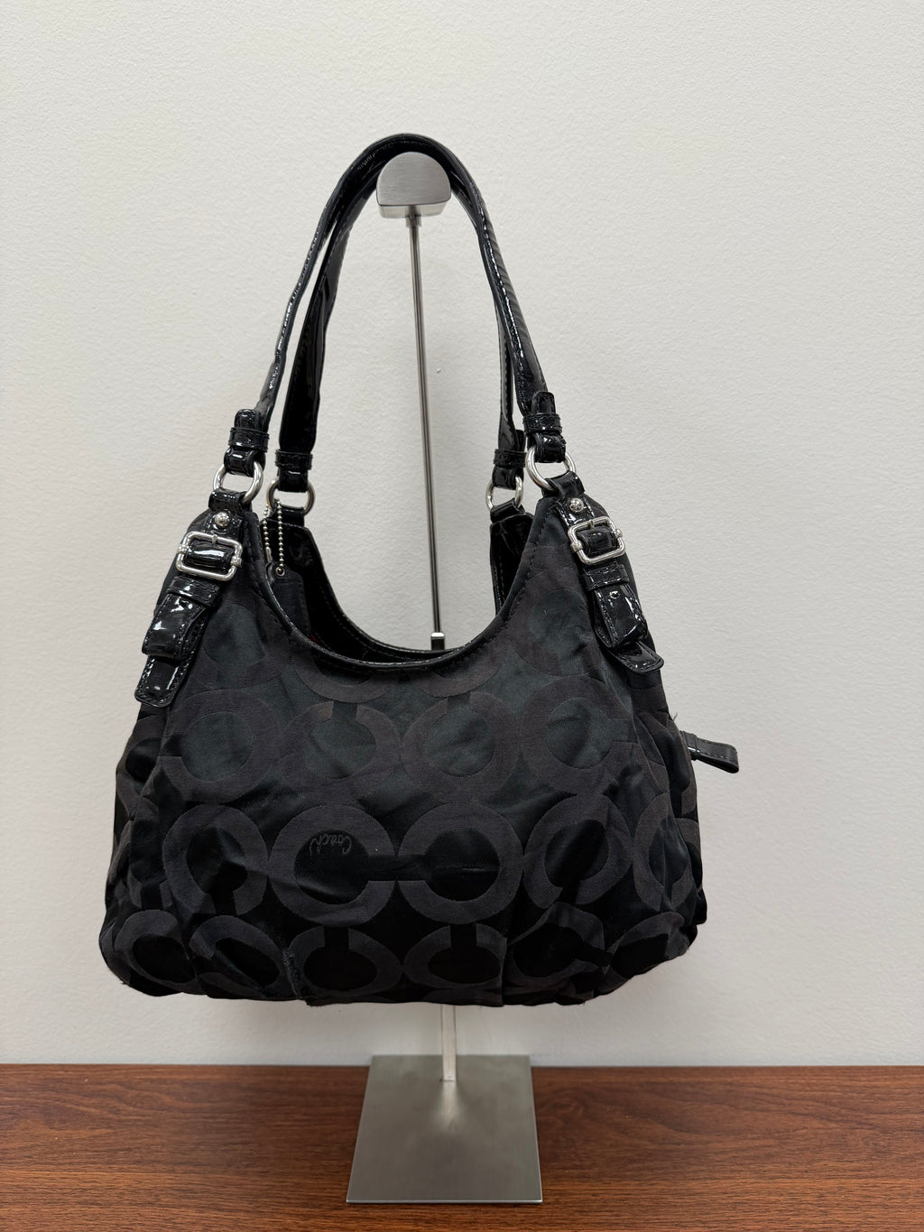 Coach Vintage black signature satin patent hobo bag