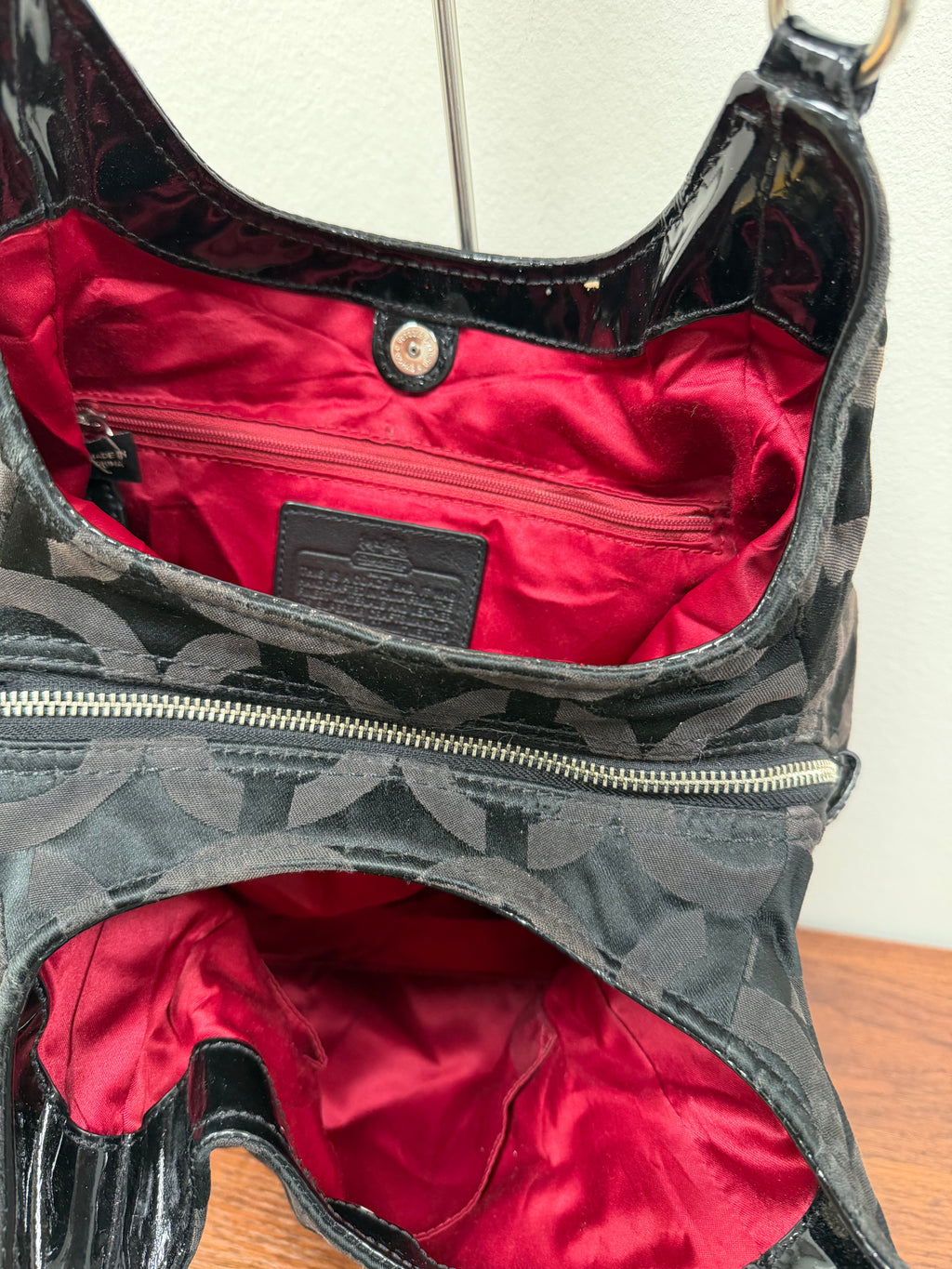 Coach Vintage black signature satin patent hobo bag