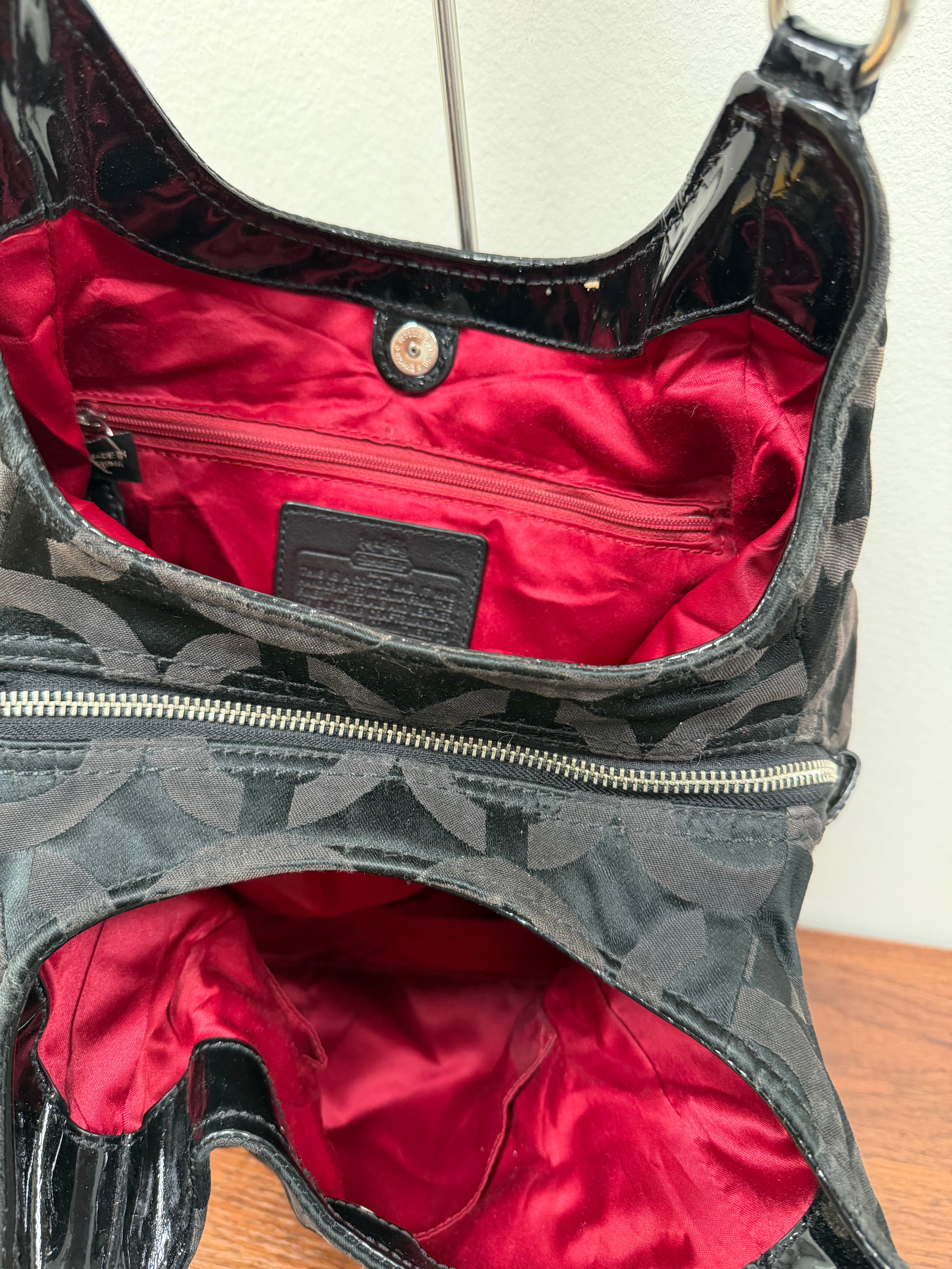 Coach Vintage black signature satin patent hobo bag