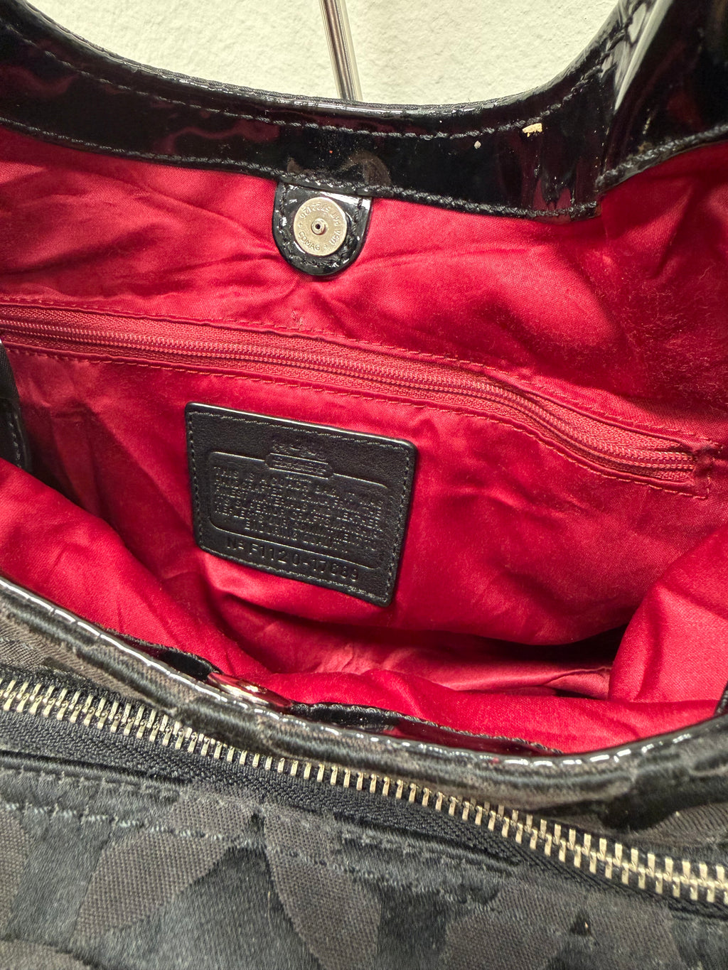 Coach Vintage black signature satin patent hobo bag